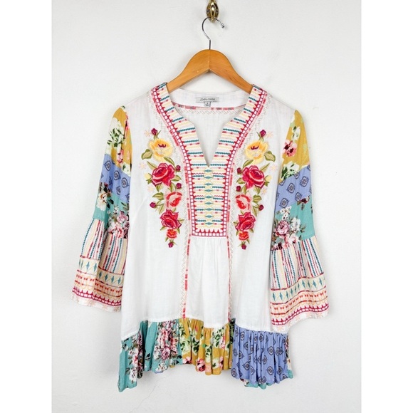John Mark Embroidered Boho Patchwork Linen Top Sz S - Picture 1 of 7